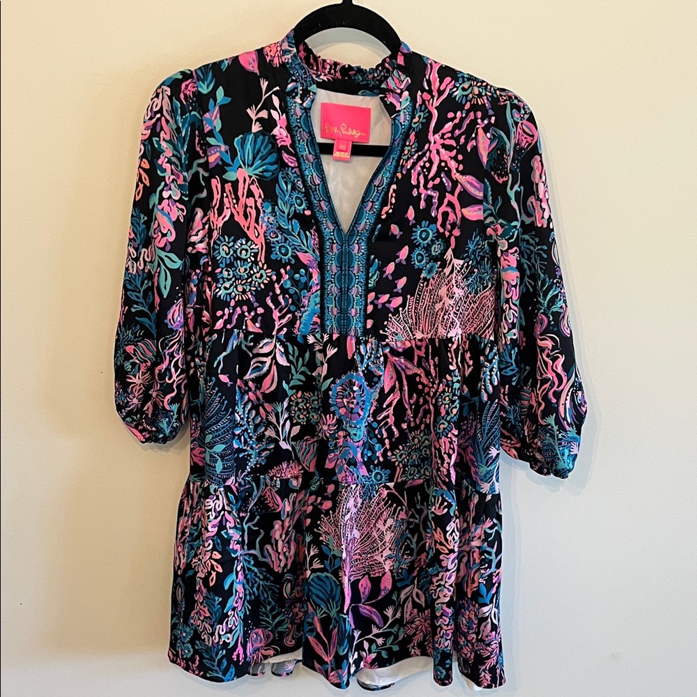 Lilly Pulitzer Black Mini Dress with Pink & Teal Floral Print - Picture 5 of 7